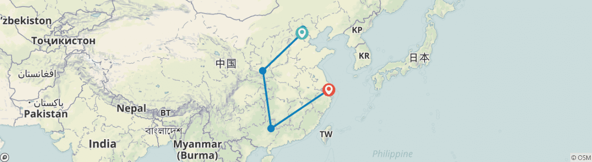 Image of a map showing the route of the tour
