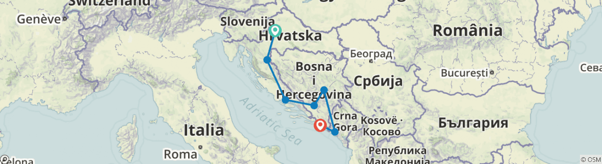 Image of a map showing the route of the tour