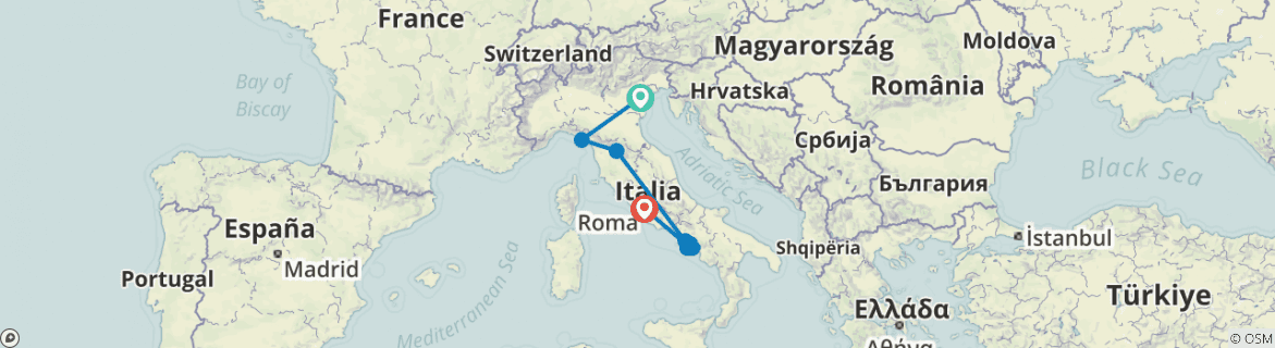 Image of a map showing the route of the tour