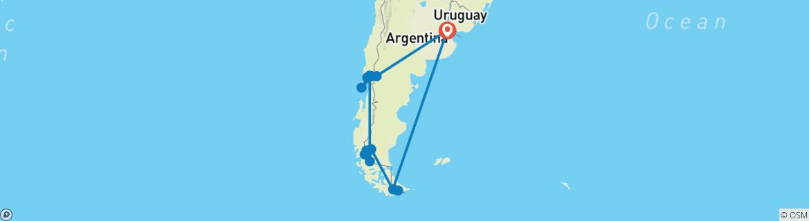 Image of a map showing the route of the tour