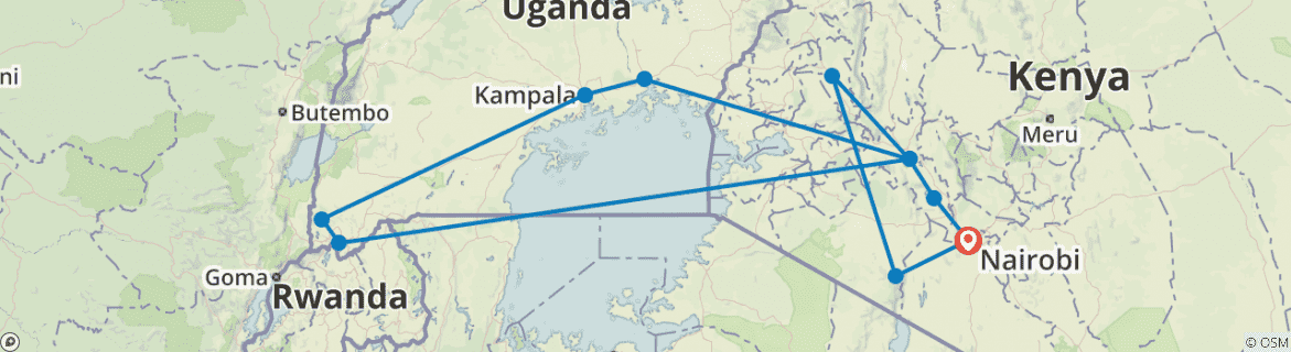Image of a map showing the route of the tour