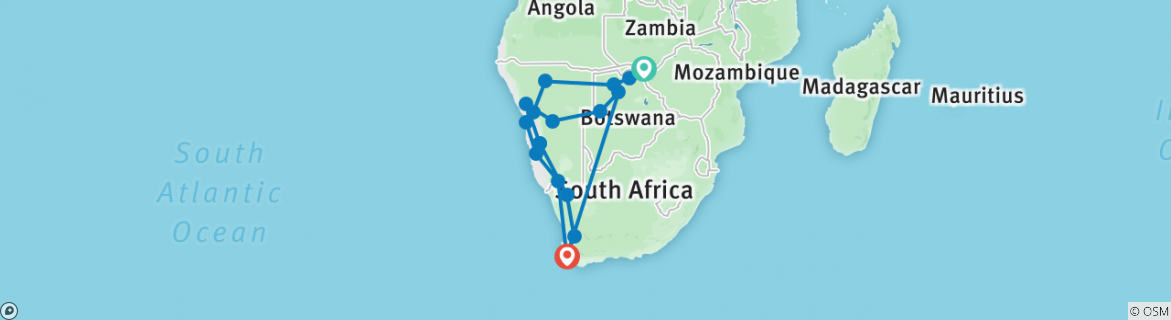 Image of a map showing the route of the tour