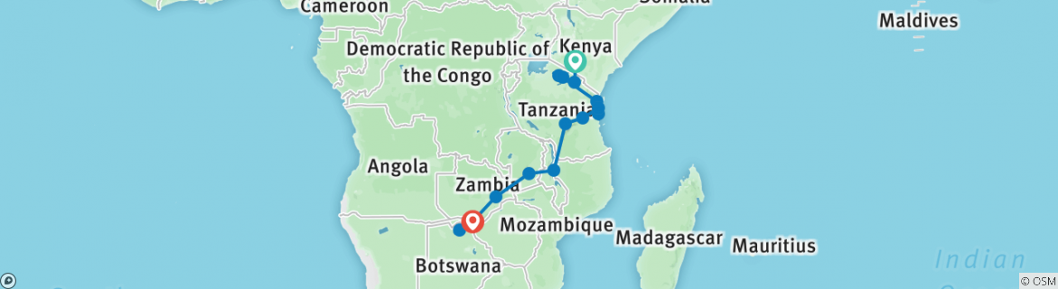 Image of a map showing the route of the tour