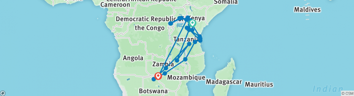Image of a map showing the route of the tour