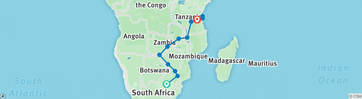 Image of a map showing the route of the tour
