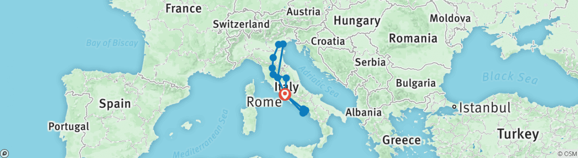 Image of a map showing the route of the tour