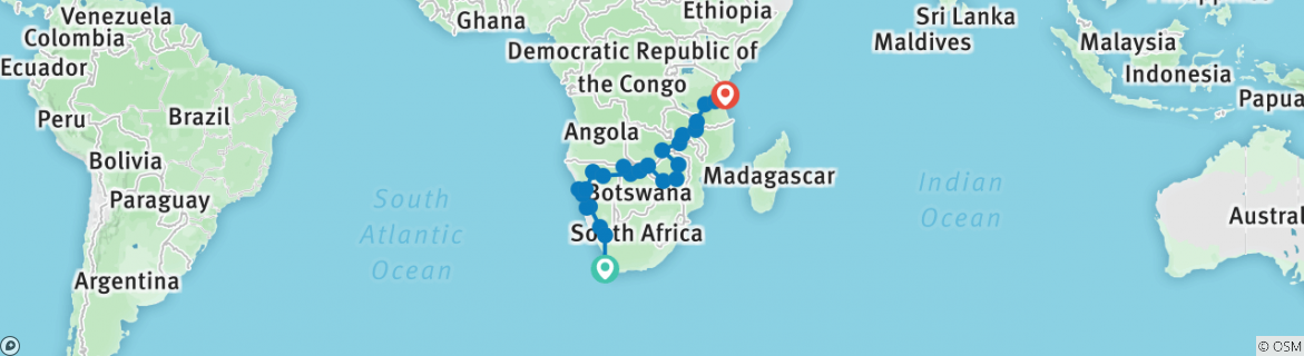 Image of a map showing the route of the tour
