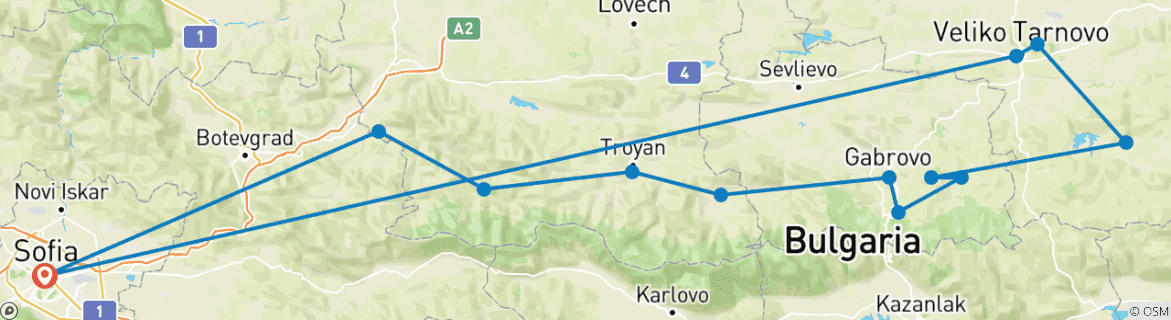 Image of a map showing the route of the tour