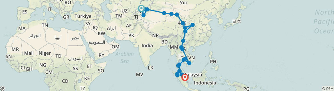 Image of a map showing the route of the tour