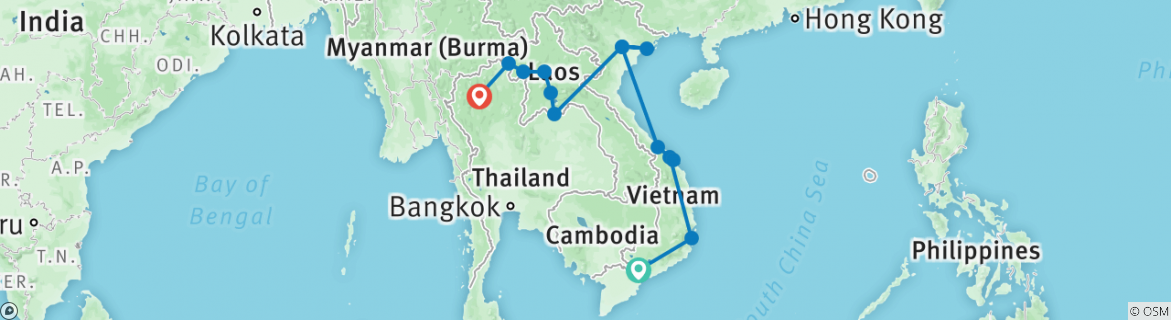 Image of a map showing the route of the tour