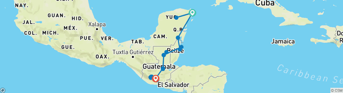 Image of a map showing the route of the tour