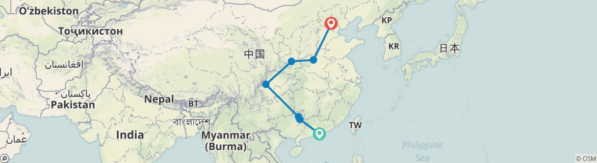 Image of a map showing the route of the tour