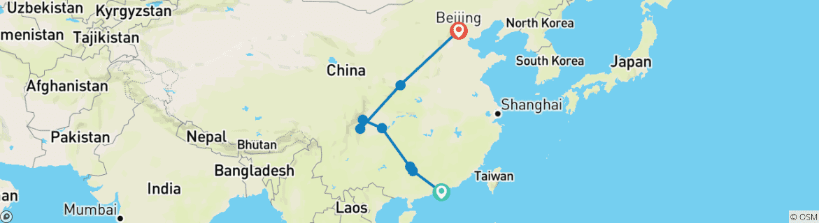 Image of a map showing the route of the tour