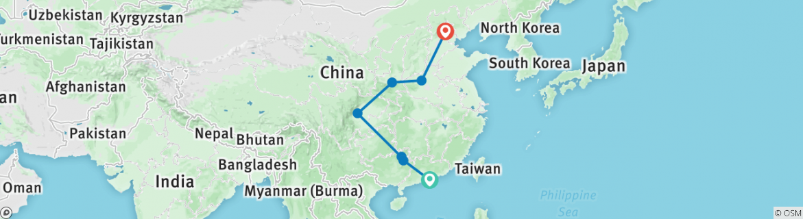 Image of a map showing the route of the tour
