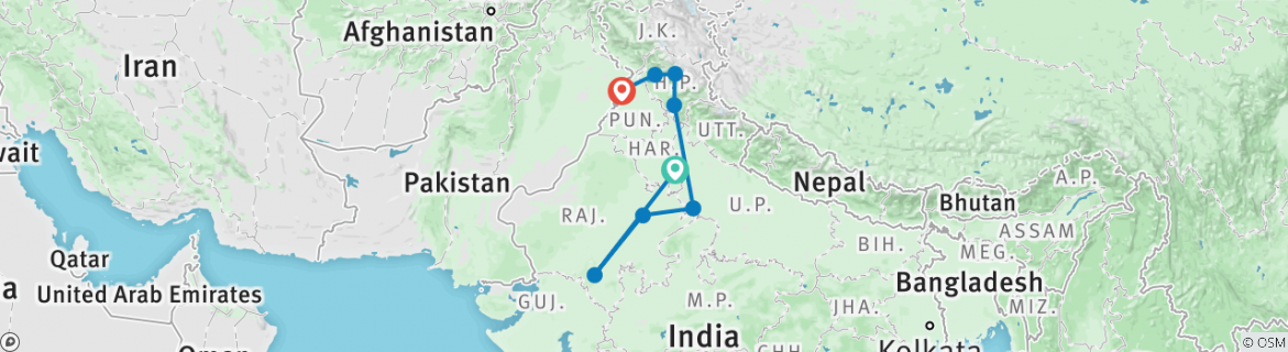 Image of a map showing the route of the tour