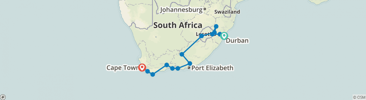 Image of a map showing the route of the tour