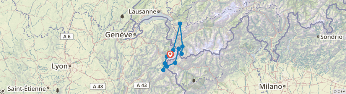 Image of a map showing the route of the tour