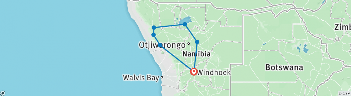 Image of a map showing the route of the tour