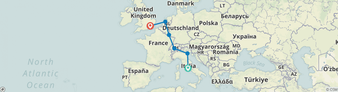 Image of a map showing the route of the tour