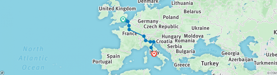Image of a map showing the route of the tour
