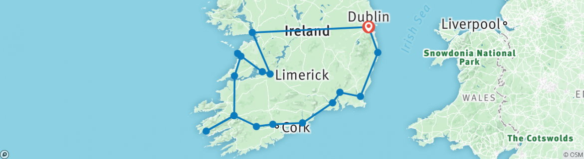 Image of a map showing the route of the tour