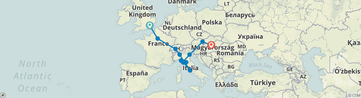 Image of a map showing the route of the tour