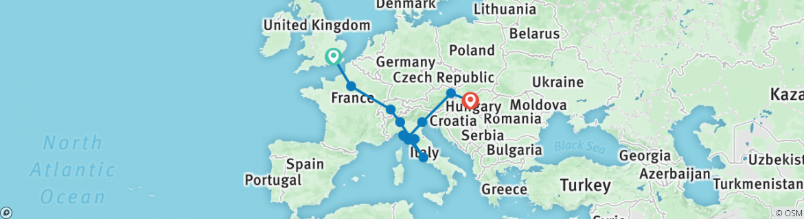 Image of a map showing the route of the tour