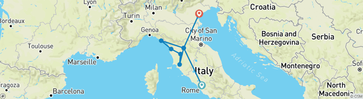 Image of a map showing the route of the tour