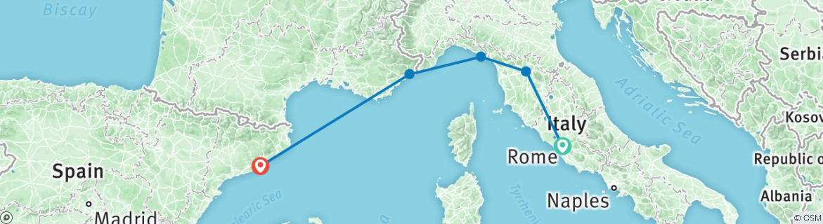Image of a map showing the route of the tour