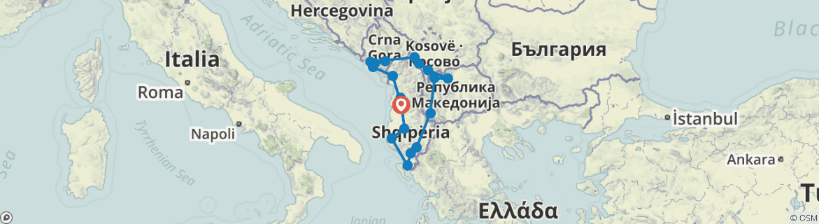 Image of a map showing the route of the tour