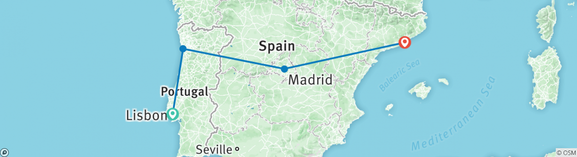 Image of a map showing the route of the tour