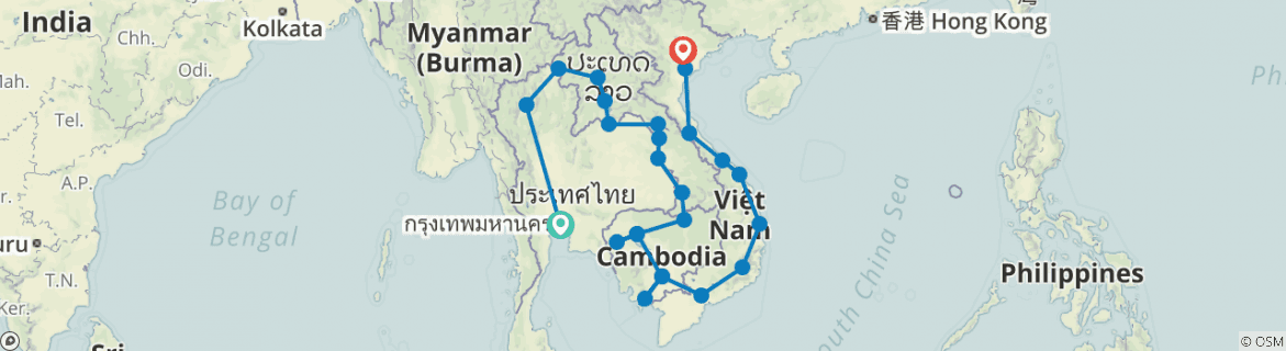 Image of a map showing the route of the tour
