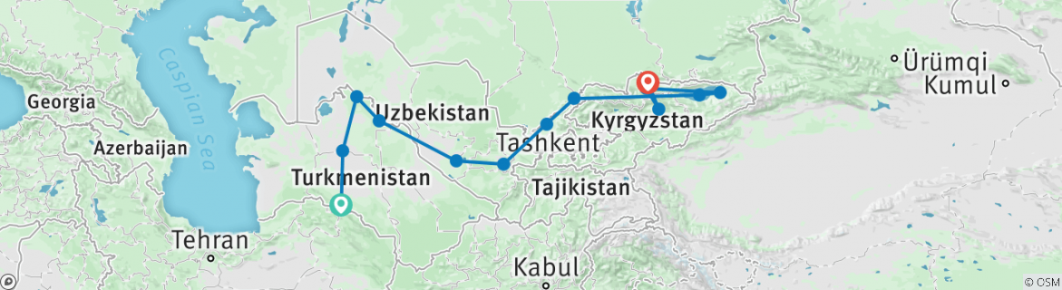 Image of a map showing the route of the tour