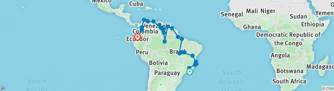 Image of a map showing the route of the tour
