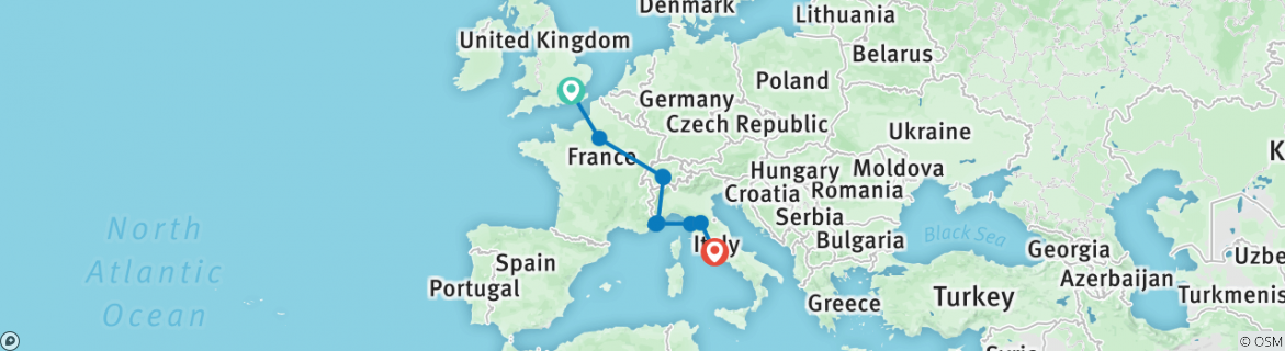 Image of a map showing the route of the tour