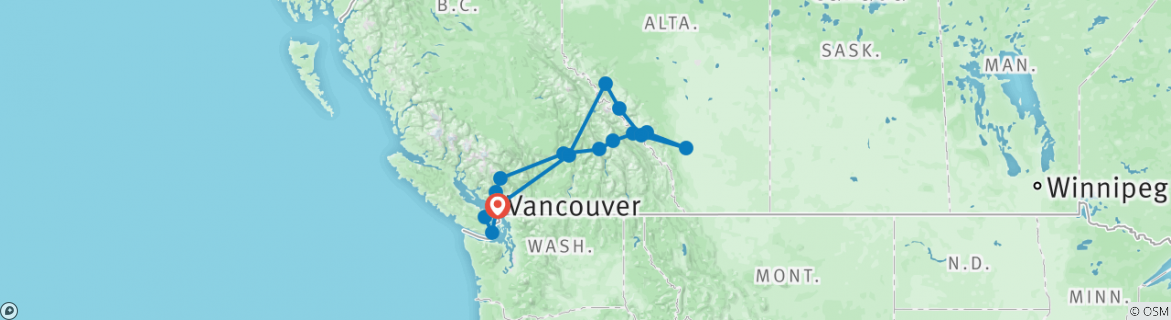 Image of a map showing the route of the tour