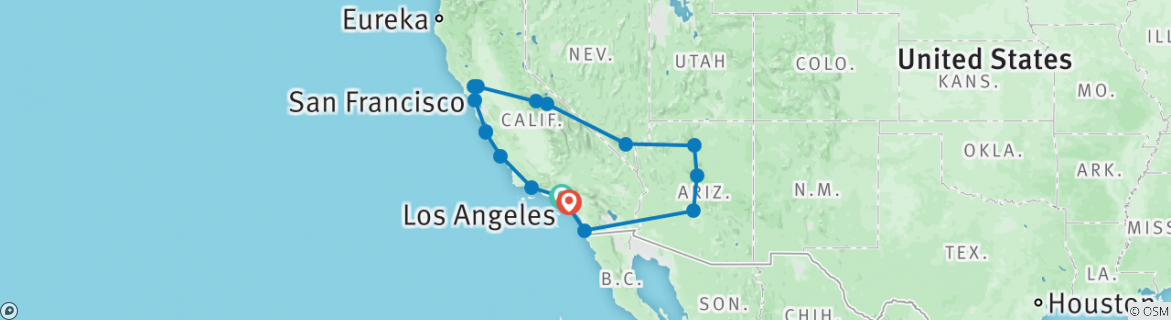 Image of a map showing the route of the tour