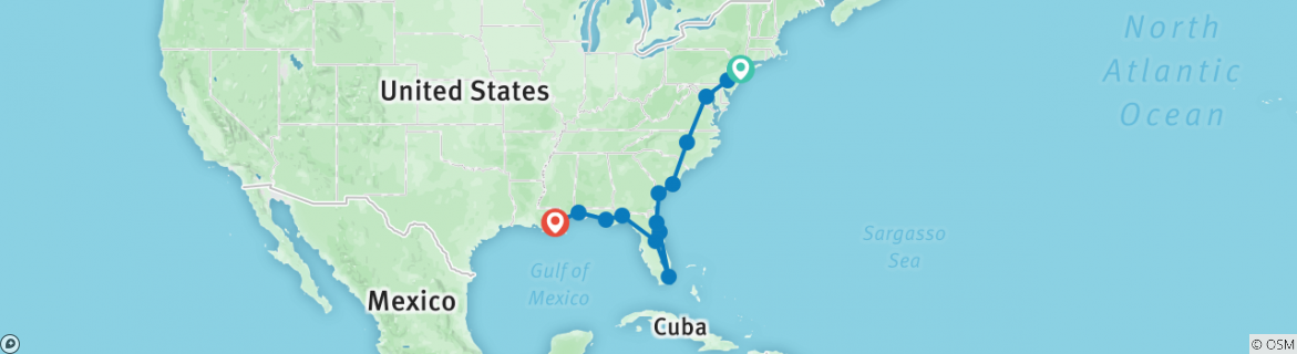 Image of a map showing the route of the tour