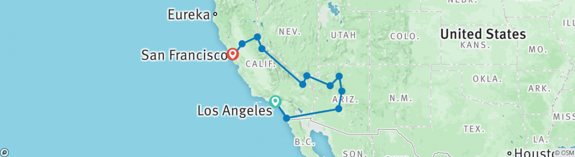 Image of a map showing the route of the tour