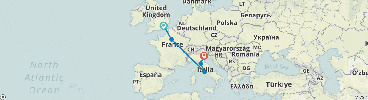 Image of a map showing the route of the tour