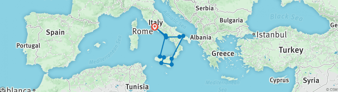 Image of a map showing the route of the tour