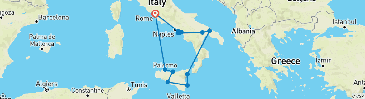 Carte du circuit Les incontournables du sud de l'Italie et de la Sicile