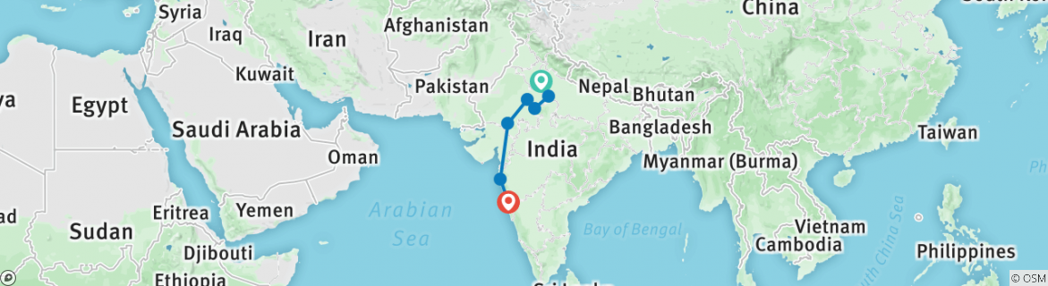 Image of a map showing the route of the tour