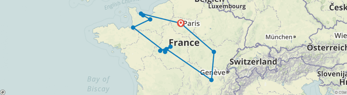 Image of a map showing the route of the tour