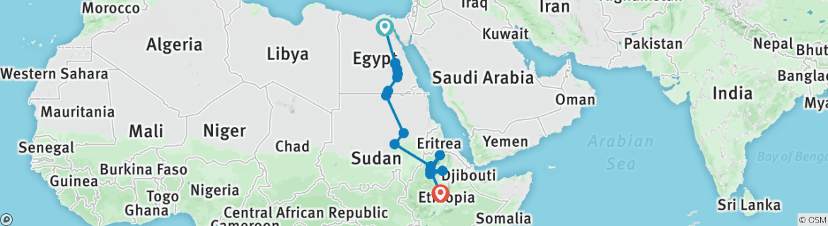 Image of a map showing the route of the tour