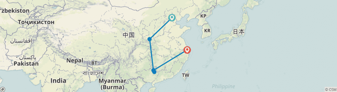 Image of a map showing the route of the tour