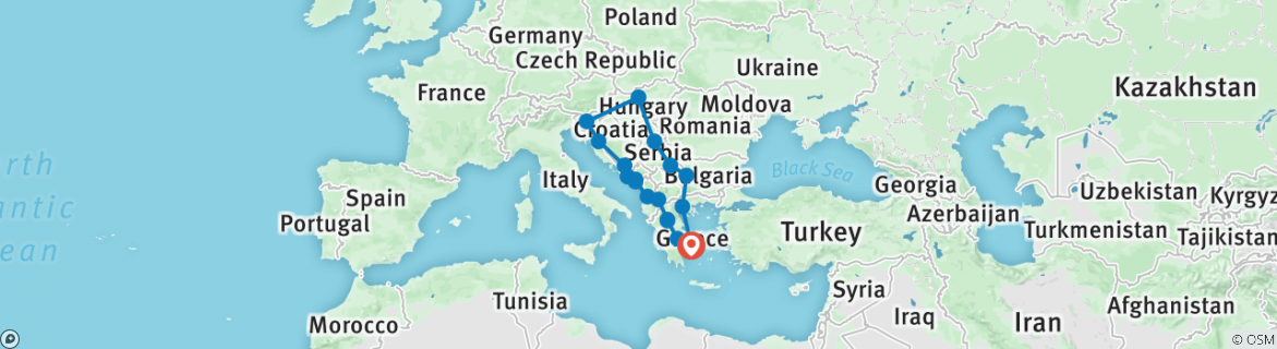 Image of a map showing the route of the tour