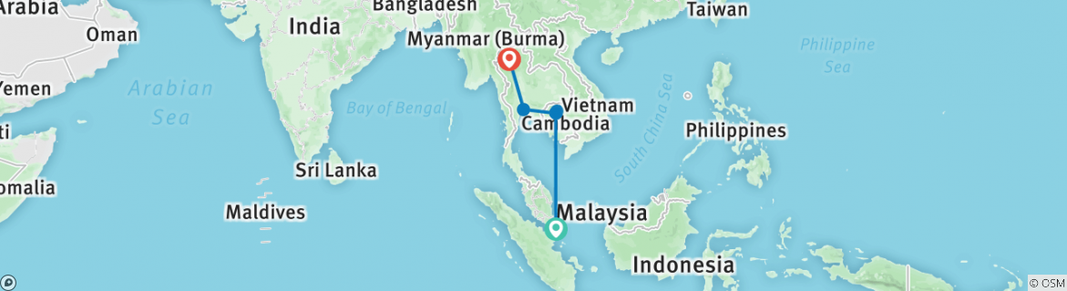 Image of a map showing the route of the tour