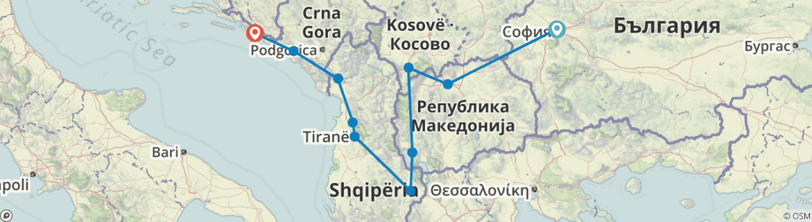 Image of a map showing the route of the tour
