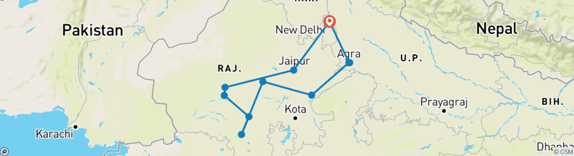 Image of a map showing the route of the tour